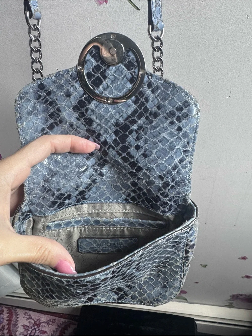Michael Kors Blue Snake-Embossed Crossbody with Silver MK Medallion